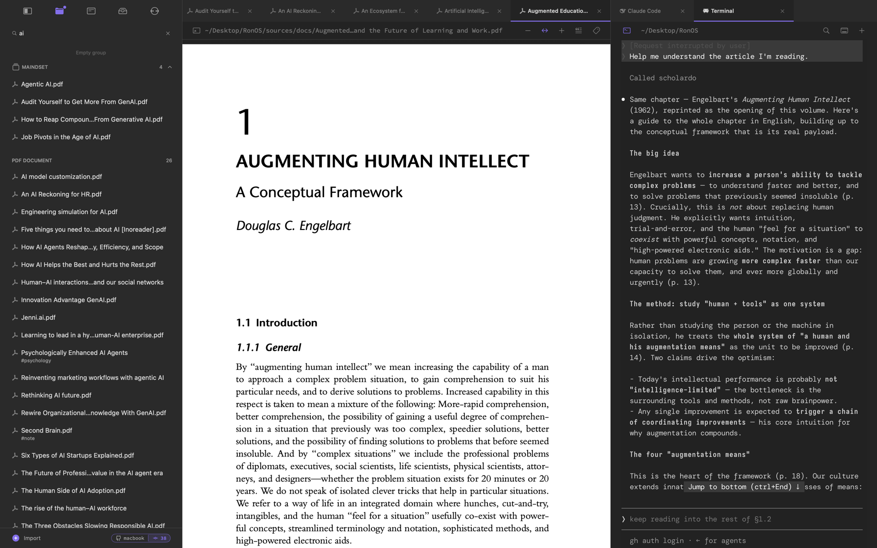 Scholardo — three-pane interface with document list, PDF reader, and AI agent terminal